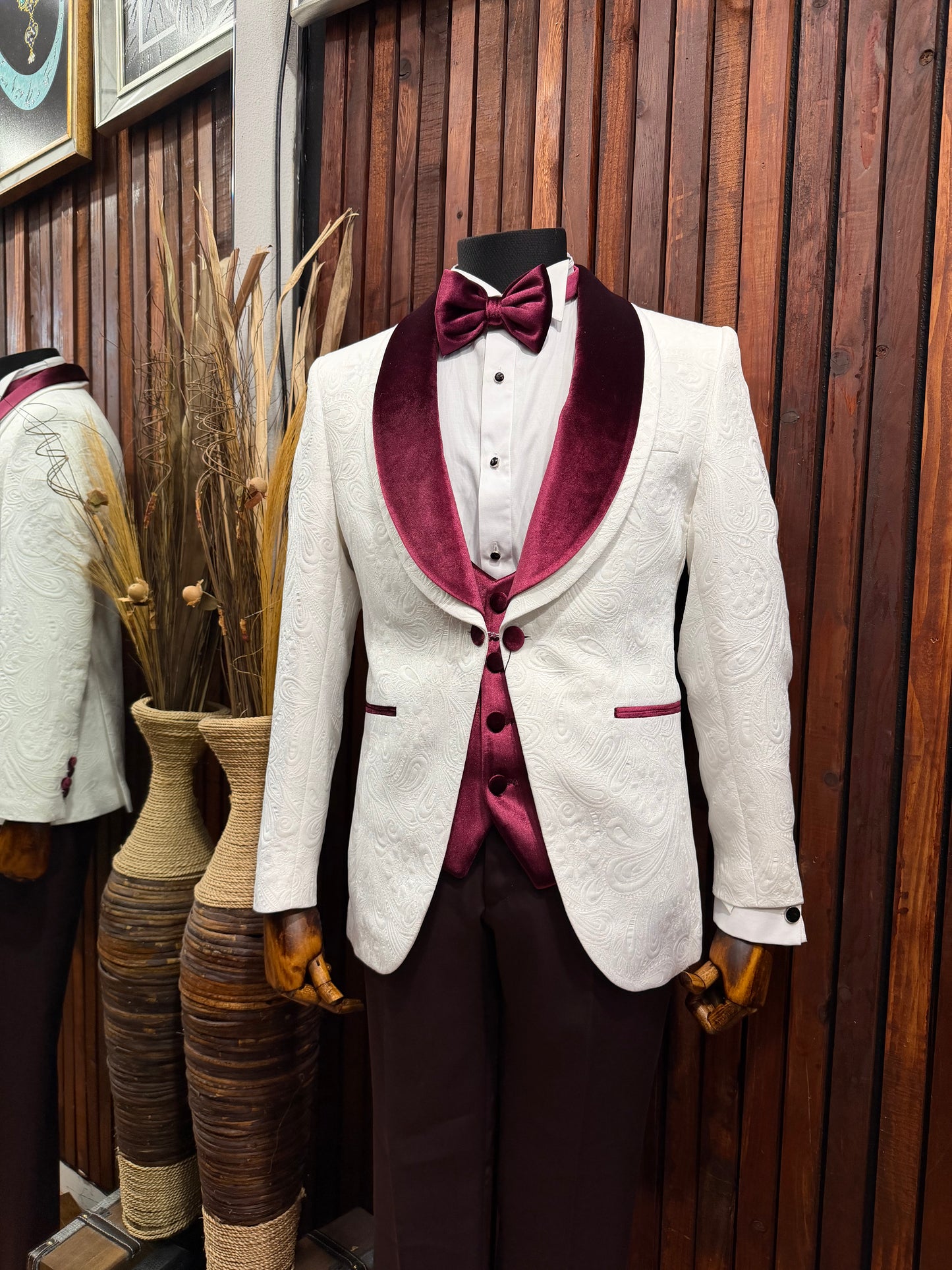 Men’s Burgundy Plum 3-Piece Tuxedo Suit with Velvet Lapel – Formal Wedding & Prom Suit