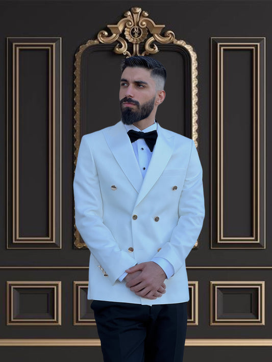 Slim Fit Off White Double Breasted Tuxedo Gold Buttons with Peak Lapel for Wedding and special occasions