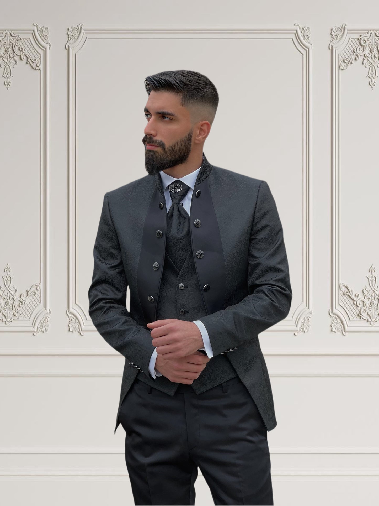 Men's Black Floral Tuxedo with Mandarin Collar | Slim Fit Premium Tux