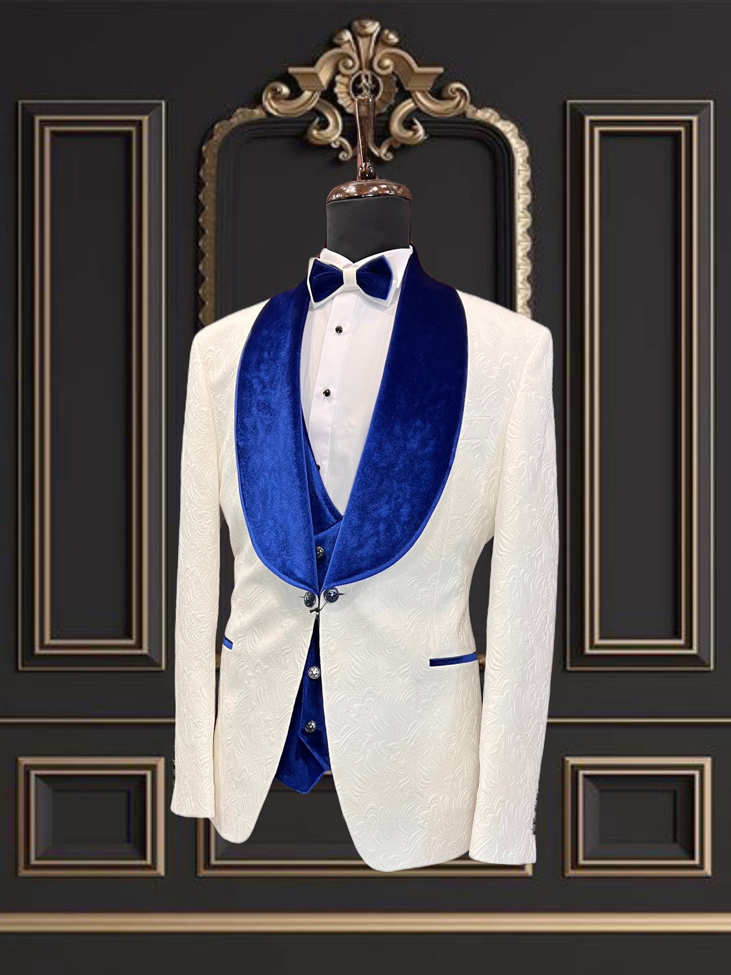 Mens White Tuxedo with Blue Velvet Shawl Lapel Slim fit 3 piece Tuxedo | Big And Tall | Weddings and Special Eventse