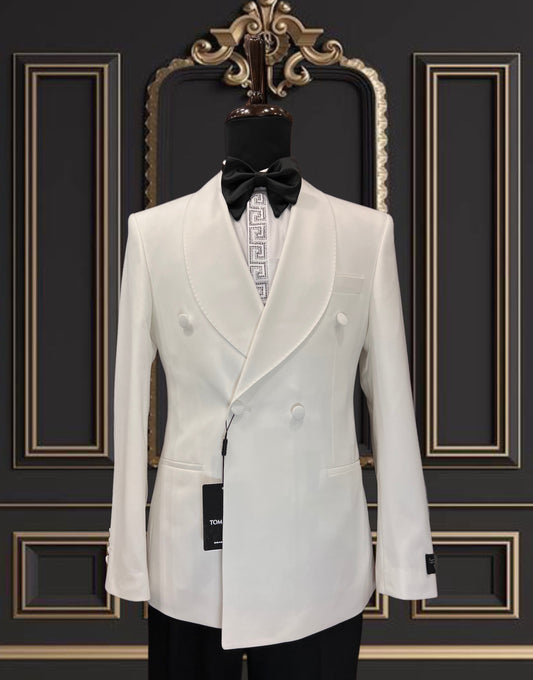 Off White Double Breasted Tuxedo White Buttons | Slim Fit |