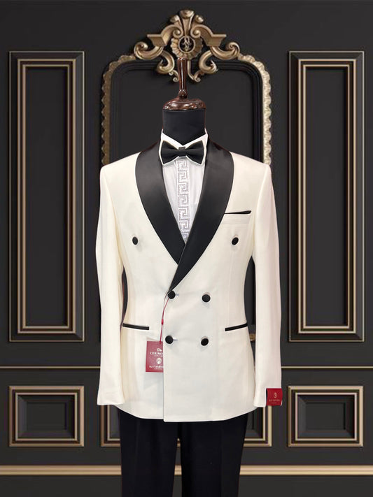 Men's Off-White Double Breasted Tuxedo with Shawl Lapel &amp; Black Buttons