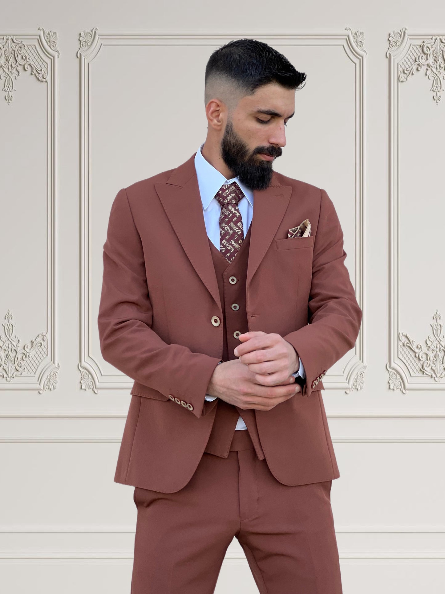 Mens Slim Fit Rust Color Suit | 3 Piece Wool Suit premium 4 way stretch