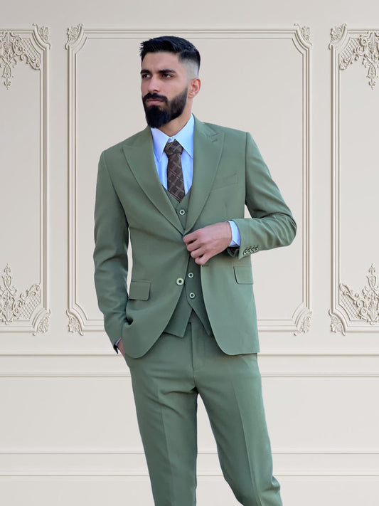 Mens Slim Fit Sage Green Color Suit | 3 Piece Wool Suit premium 4 way stretch