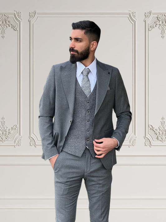 Mens Slim Fit Gray Suit | 3 Piece Wool Suit premium 4 way stretch