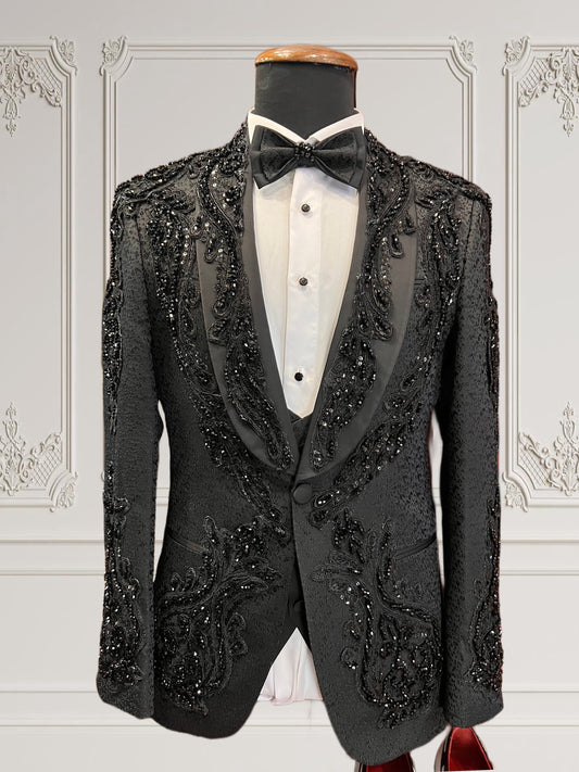 Hand Made Slim Fit Mens Black embroidered tuxedo with Stones