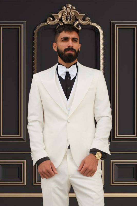 Premium Slim Fit all Off White Color Wedding Tuxedo _ White Peak  Lapel special sleeves