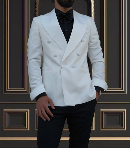 Slim Fit Off White Double Breasted Tuxedo White Buttons | Peak Lapel