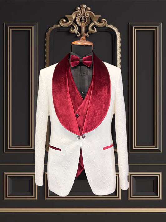 Men’s White Slim Fit Single-Breasted Tuxedo with Burgundy Velvet Lapel