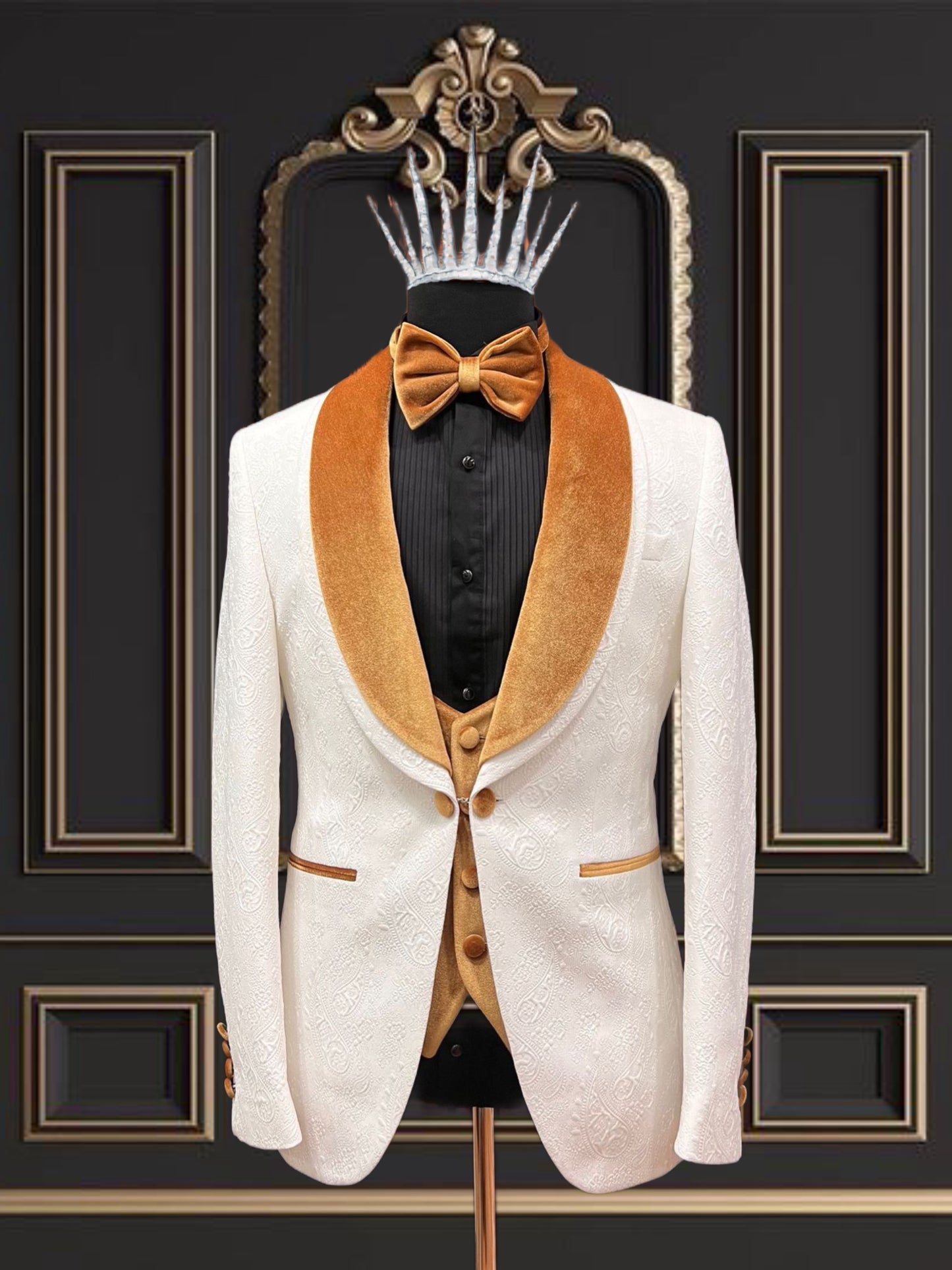 Mens White Tuxedo with gold velvet lapel Slim fit 3 piece Tuxedo | Premium