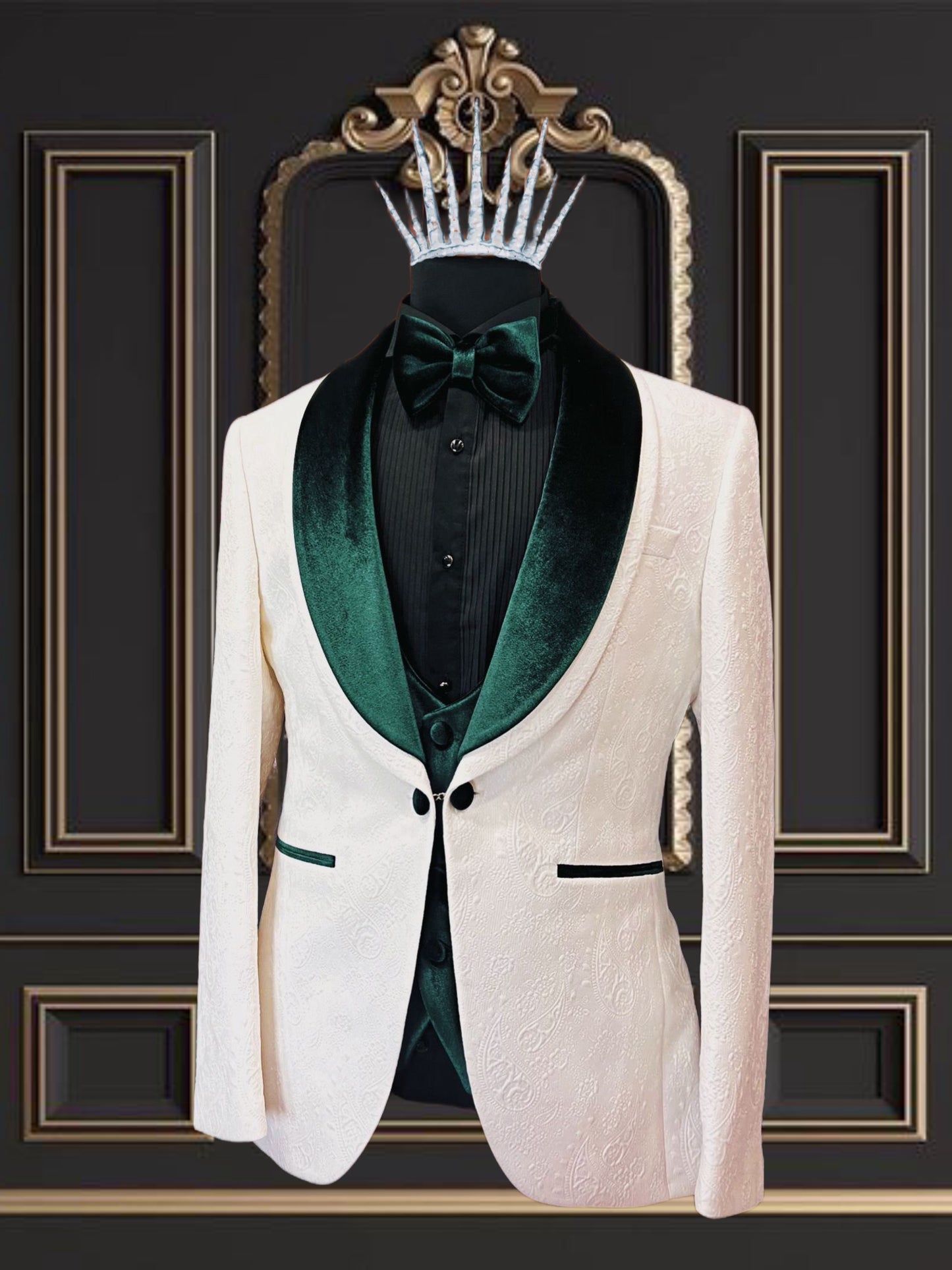 Mens white tuxedo with Green velvet lapel Slim fit 3 piece Tuxedo | Premium