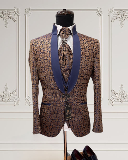 Men's Slim Fit Jaguar Dinner Tuxedo – Gold & Blue Mandarin Collar