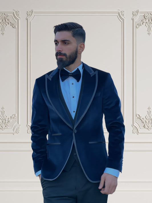 Men’s Navy Blue Velvet 3-Piece Slim Fit Tuxedo – Luxury Formalwear