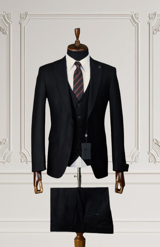 Mens Slim Fit Black 3 Piece Suit Peak Lapel