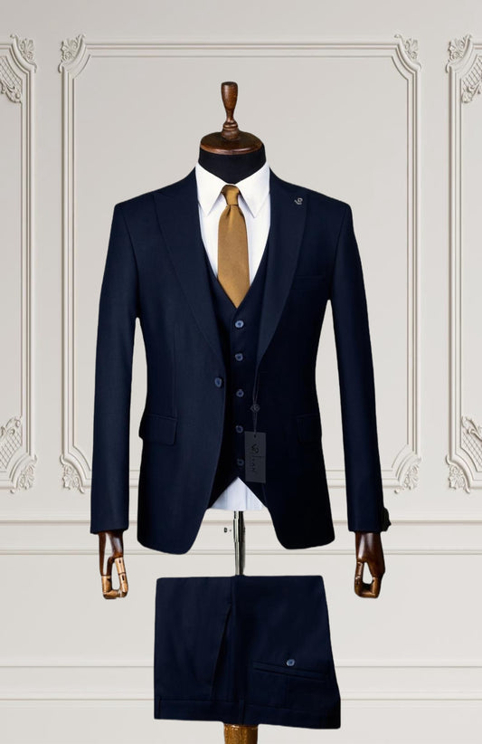 Mens Slim Fit Navy Blue 3 Piece suit Peak Lapel