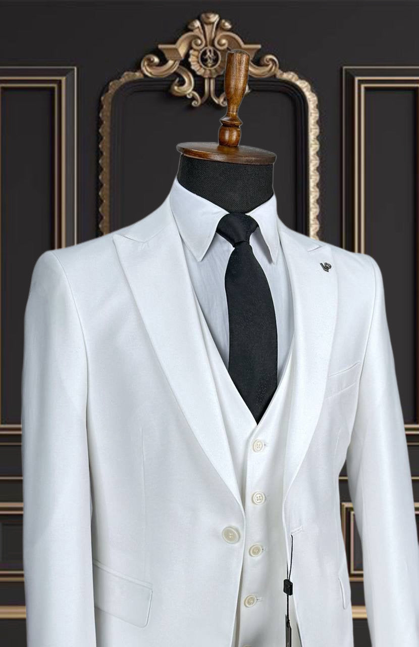 Mens White 3 Piece Slim Fit Suit Peak Lapel