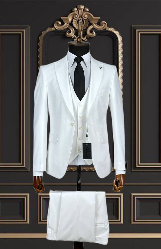 Mens White 3 Piece Slim Fit Suit Peak Lapel