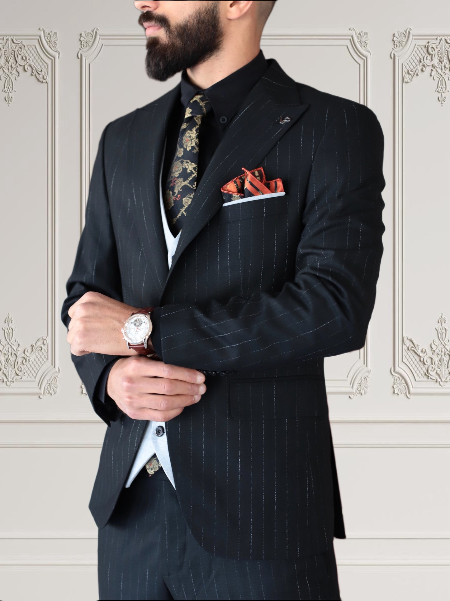 Men’s Slim Fit Black Suit with silver stripes