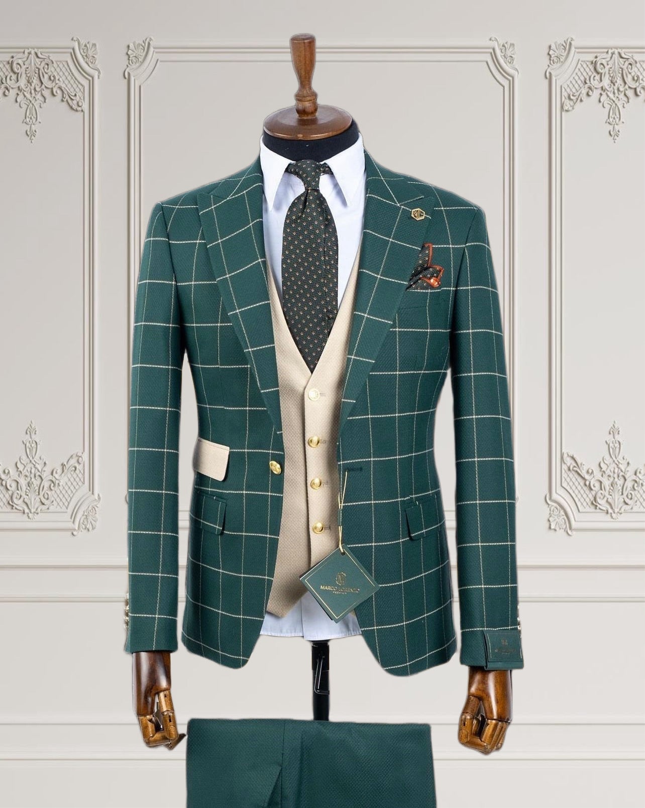 Green Plaid 3 piece Slim Fit suit