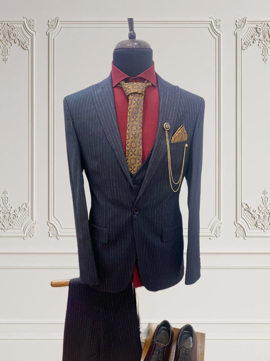 Striped Navy Blue Single-Breasted 3 piece Suit