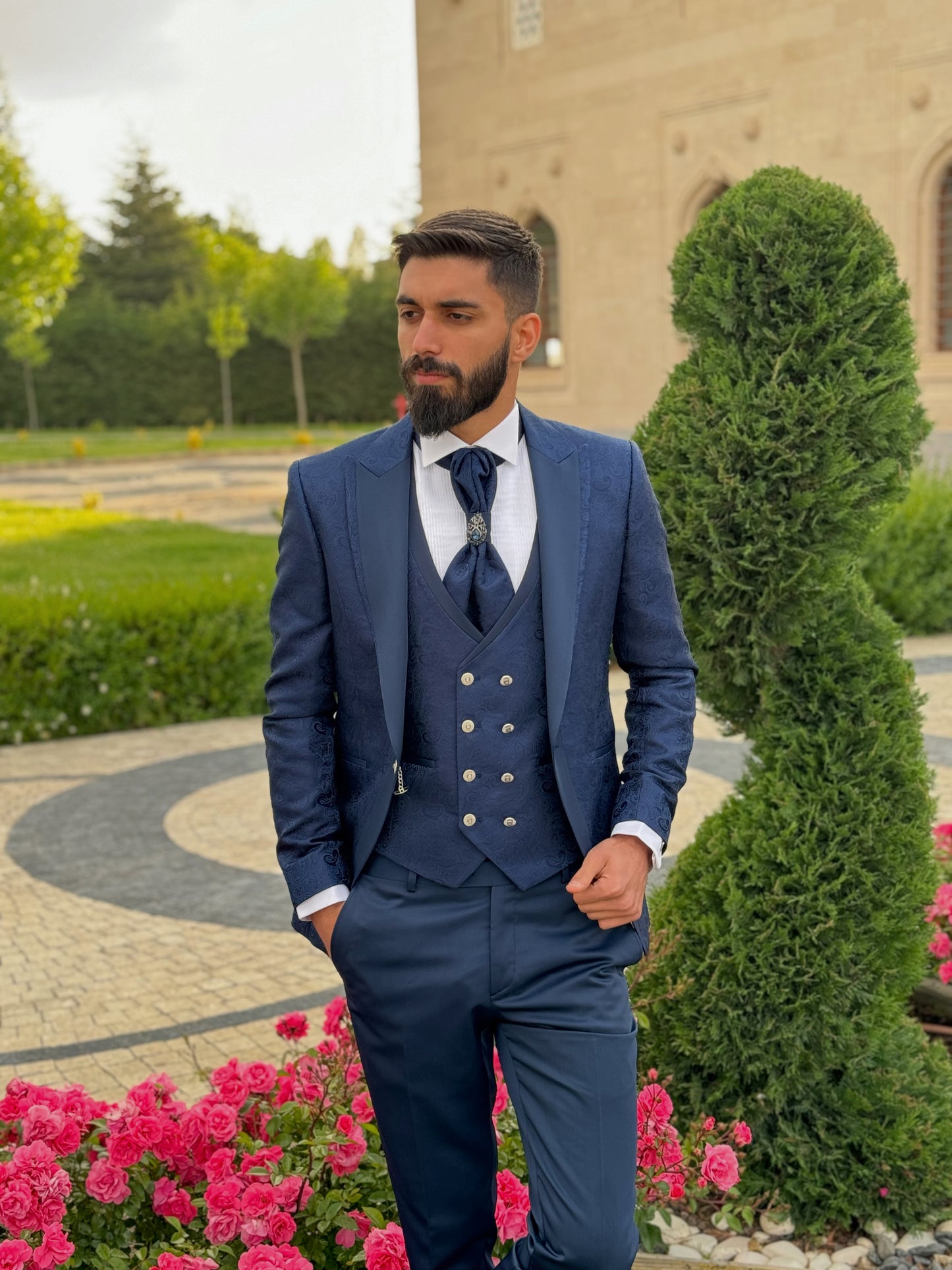 Mens Slim Fit Blue Tuxedo | Peak Lapel Floral Tuxedo | Wedding & Special Events