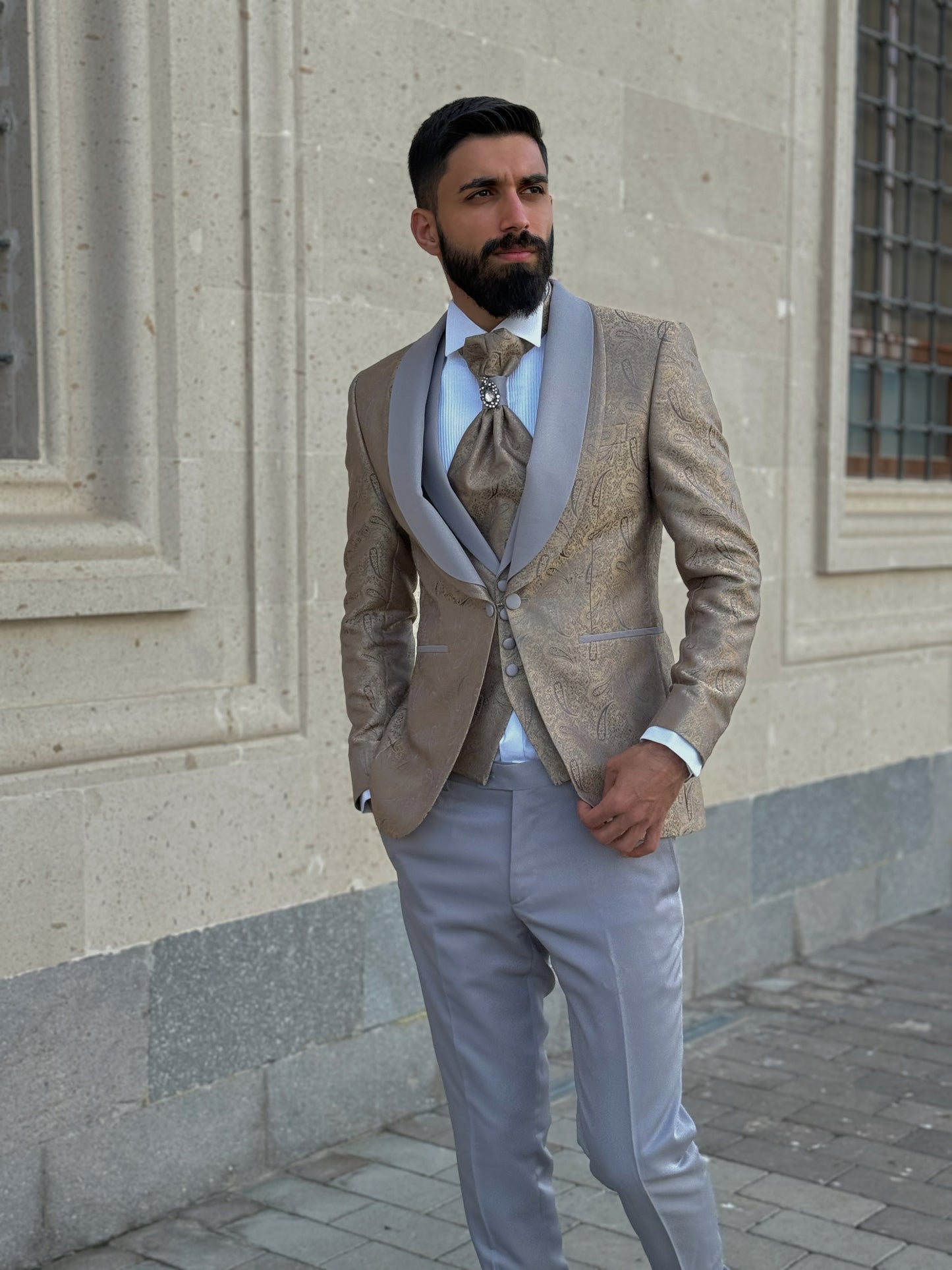 Men's Gold Tuxedo with Grey Shawl Lapel | Luxurious Formal Wear