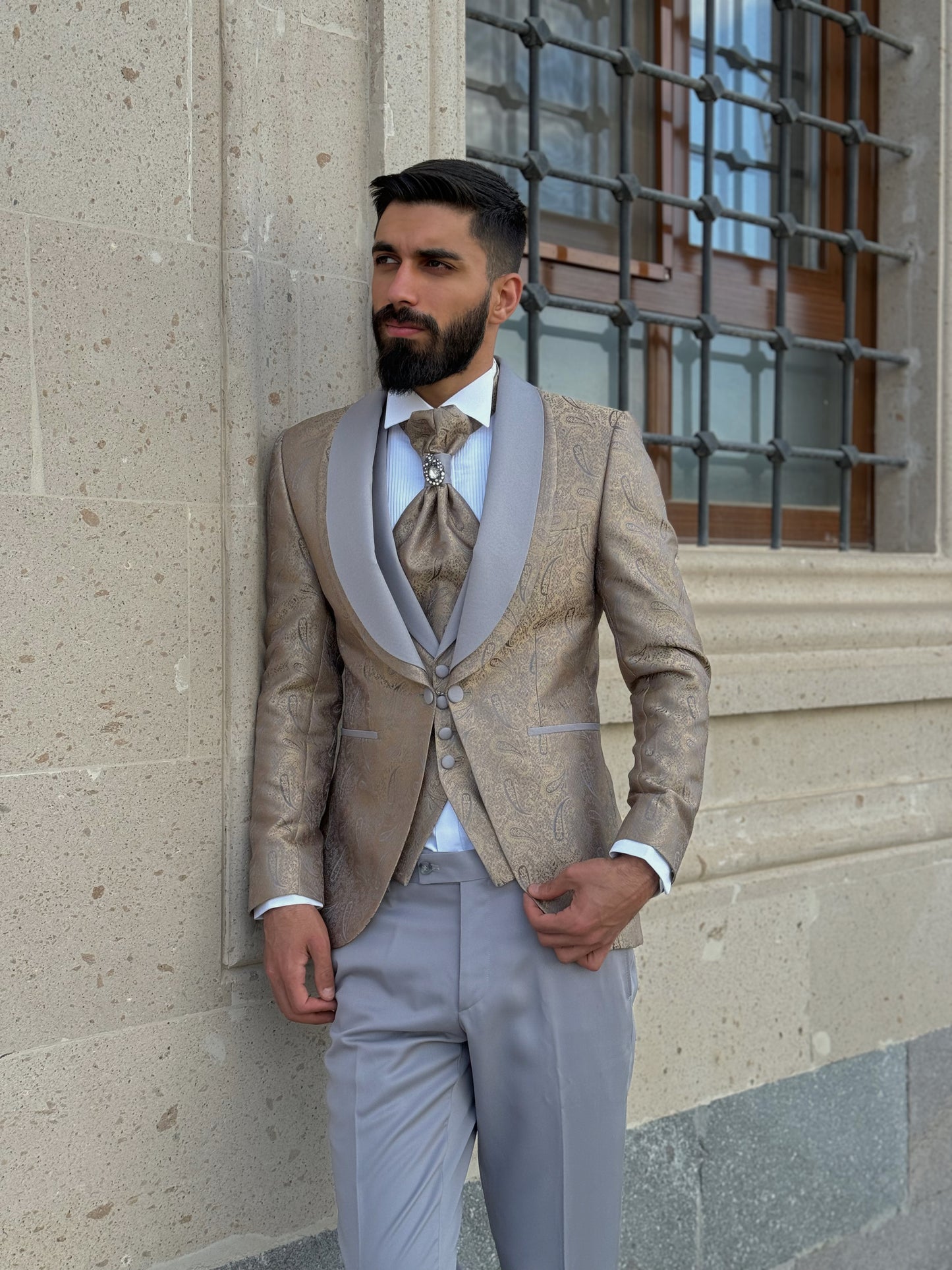 Men's Gold & Grey Shawl Lapel Tuxedo | Weddings & Galas