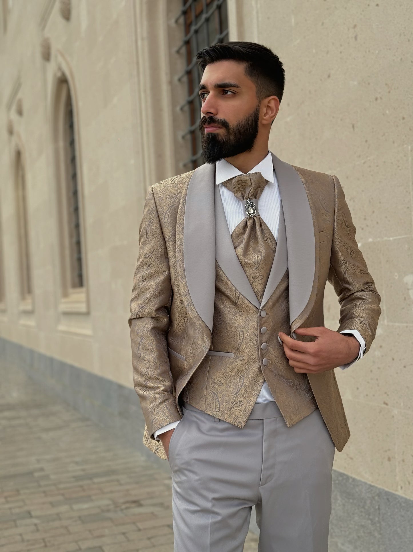 Men's Gold & Grey Shawl Lapel Tuxedo | Weddings & Galas