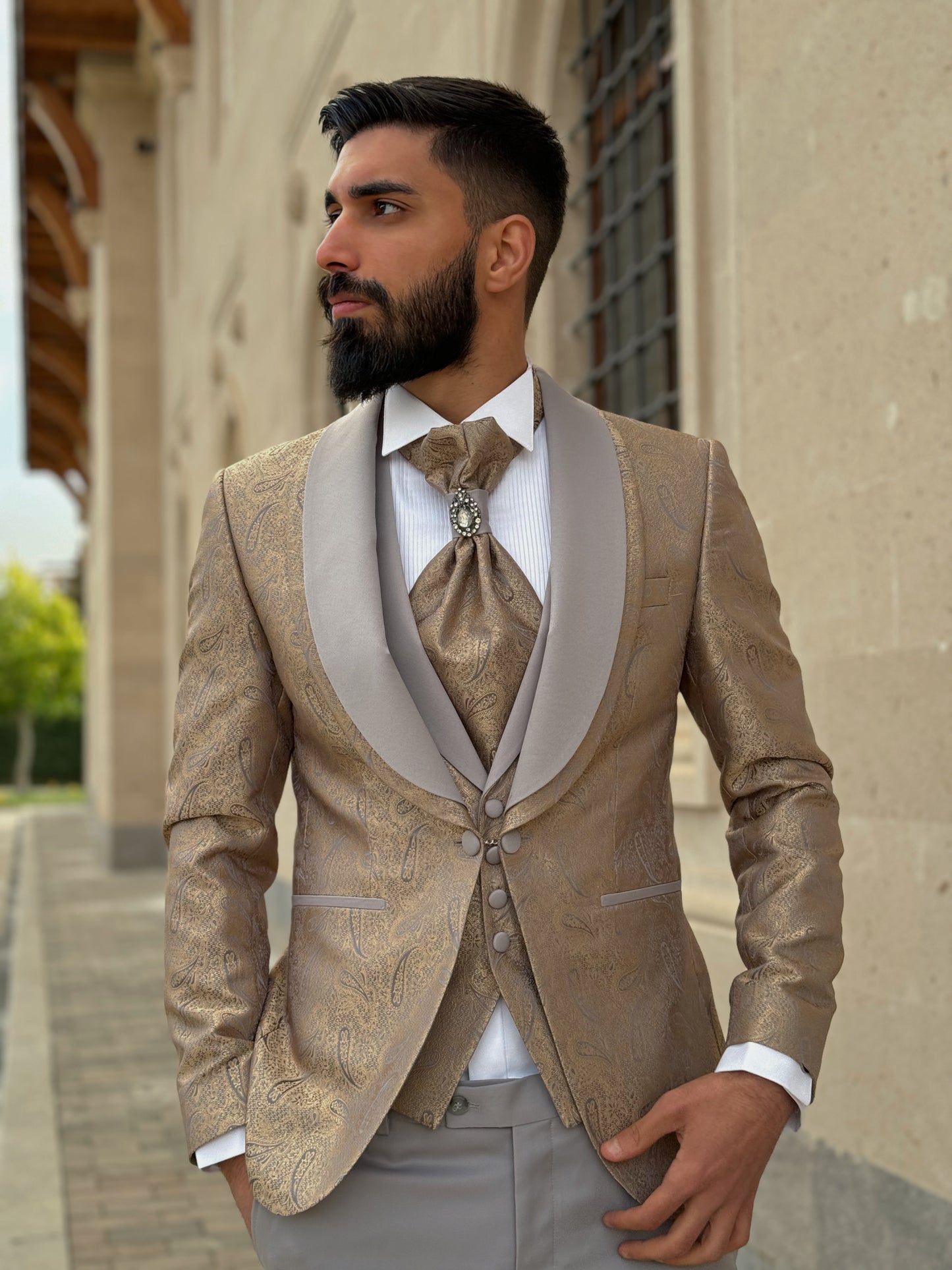 Men's Gold & Grey Shawl Lapel Tuxedo | Weddings & Galas