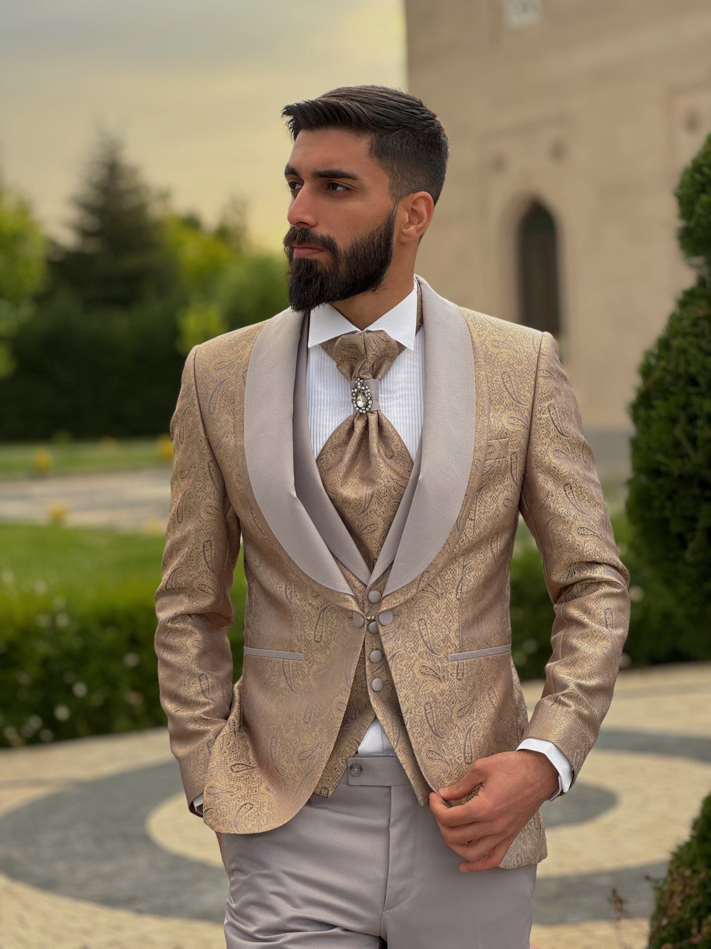 Men's Gold & Grey Shawl Lapel Tuxedo | Weddings & Galas