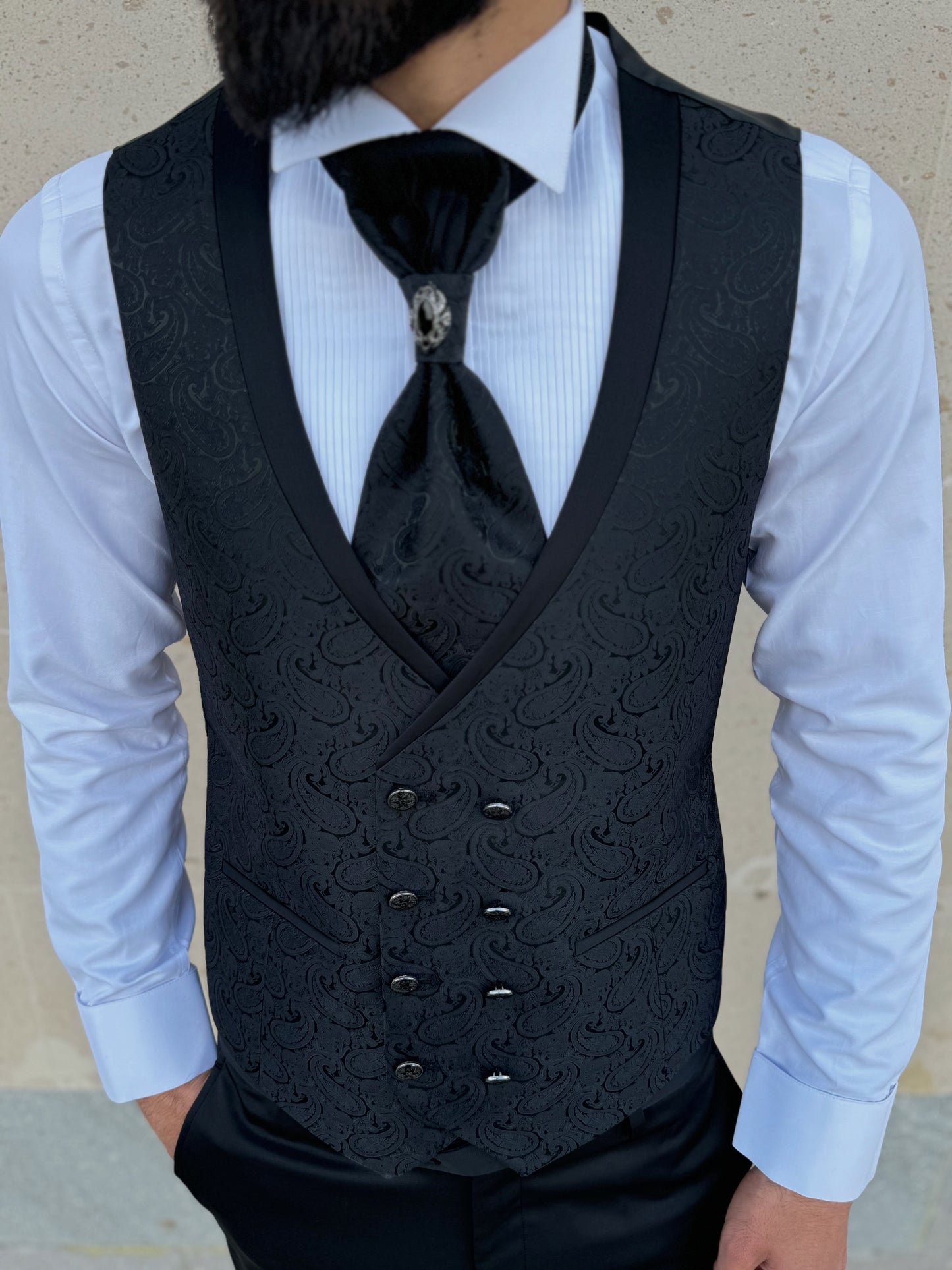 Mens Slim Fit Black Tuxedo | Shawl Lapel Floral Tuxedo | Wedding & Special Events