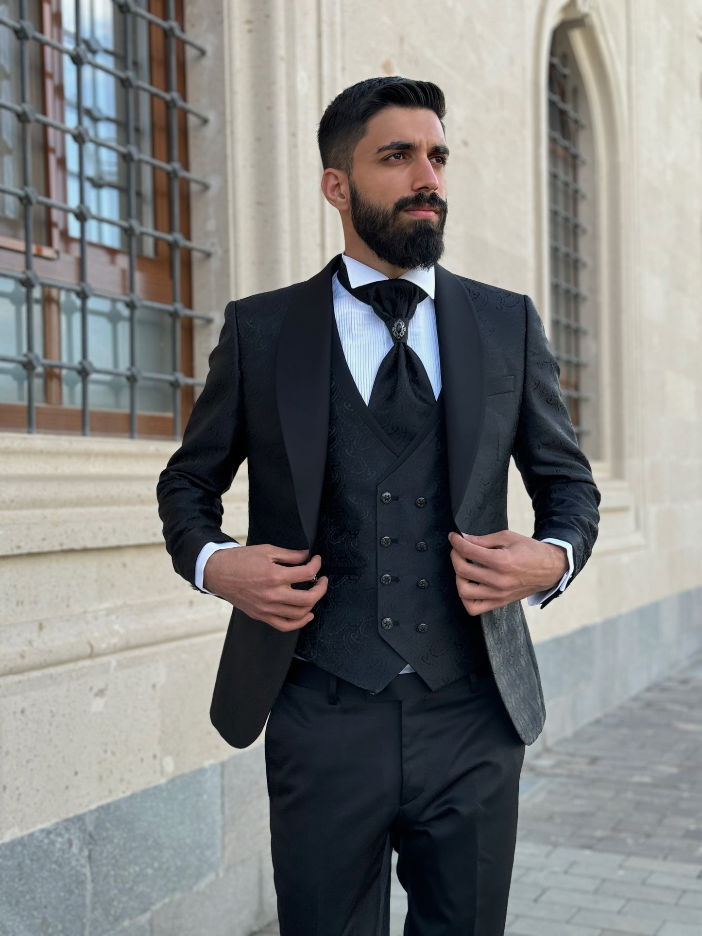 Mens Slim Fit Black Tuxedo | Shawl Lapel Floral Tuxedo | Wedding & Special Events