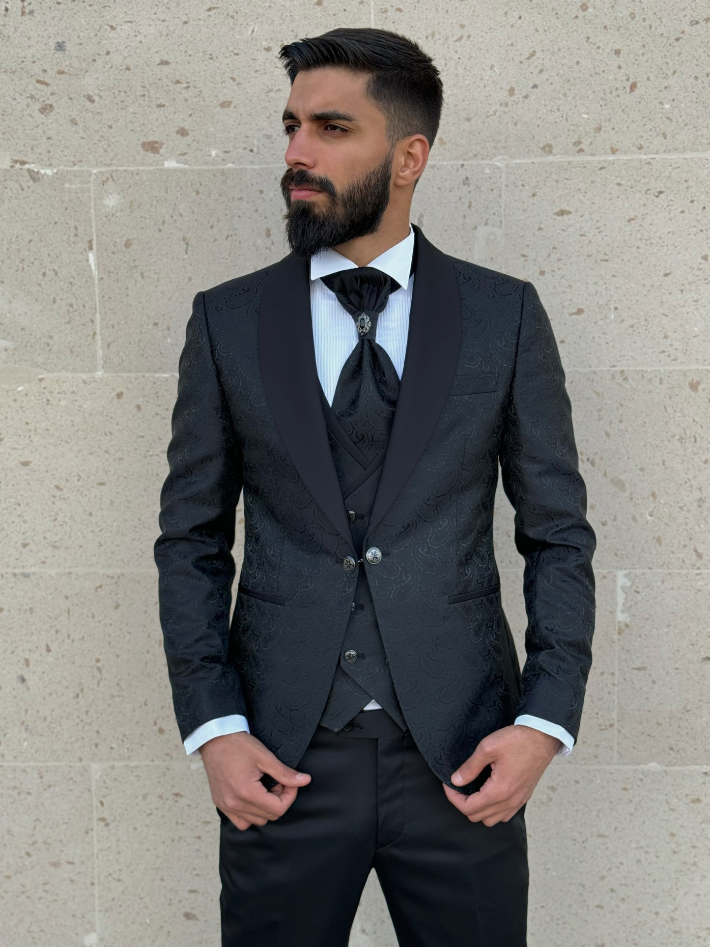 Mens Slim Fit Black Tuxedo | Shawl Lapel Floral Tuxedo | Wedding & Special Events