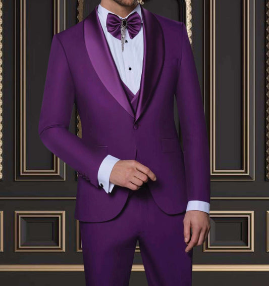 Men's purple shawl lapel tuxedo with bow tie, perfect for weddings and special events.