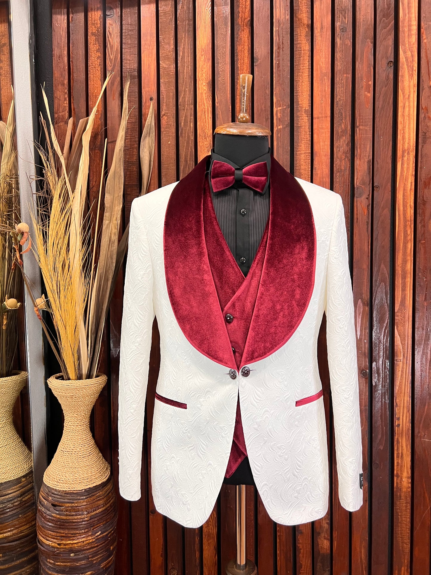 Men’s White Slim Fit Single-Breasted Tuxedo with Burgundy Velvet Lapel