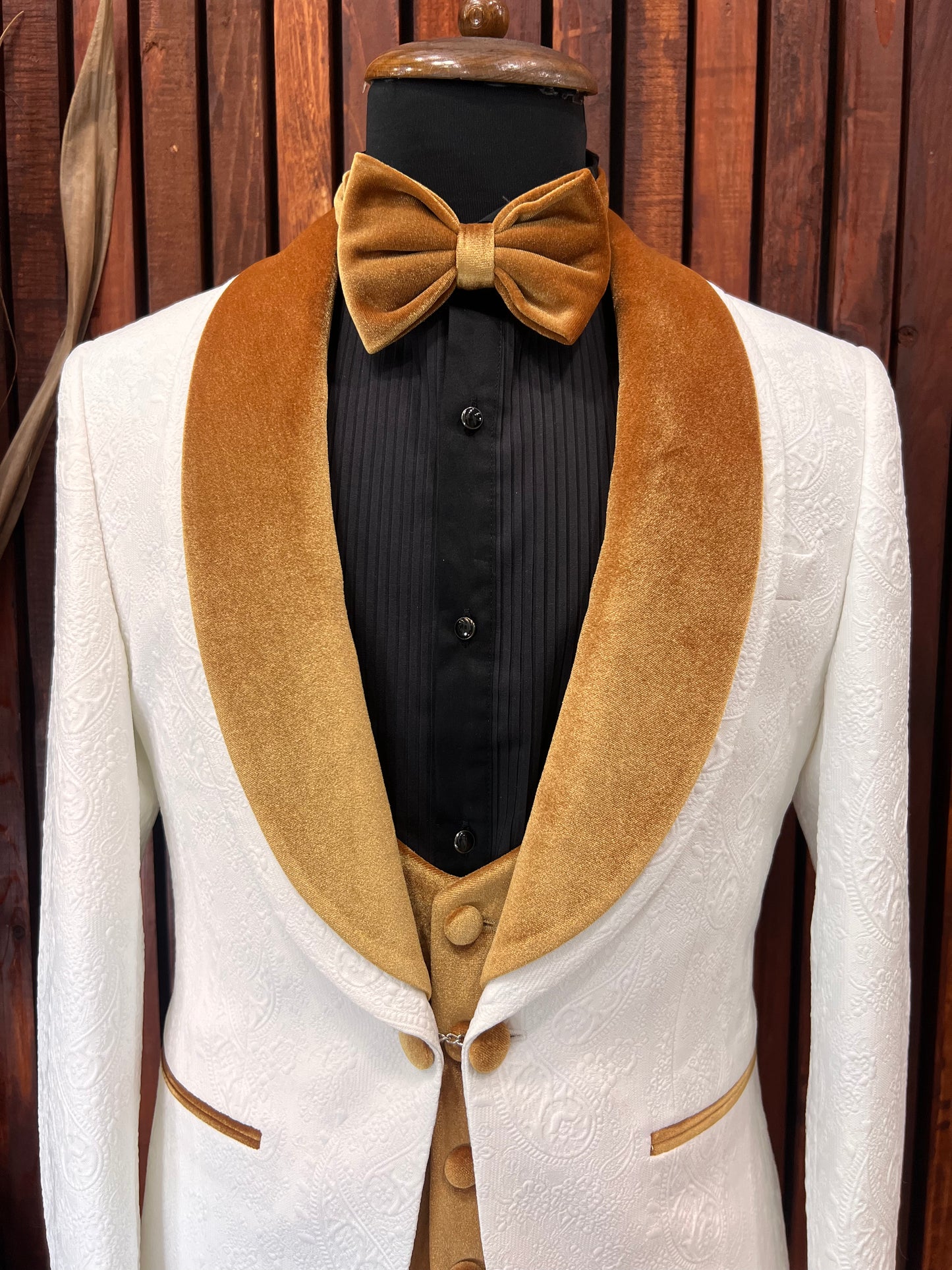 Mens White Tuxedo with gold velvet lapel Slim fit 3 piece Tuxedo | Premium