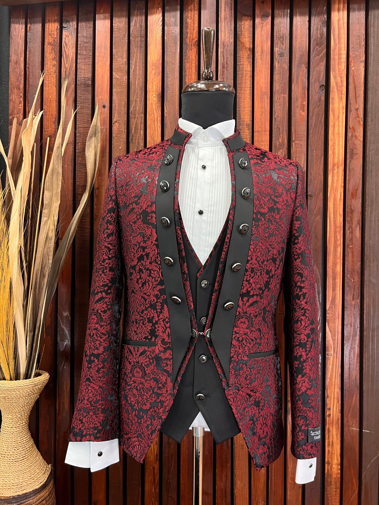 Men's Burgundy Mandarin Collar Tuxedo | Slim Fit Premium Tux