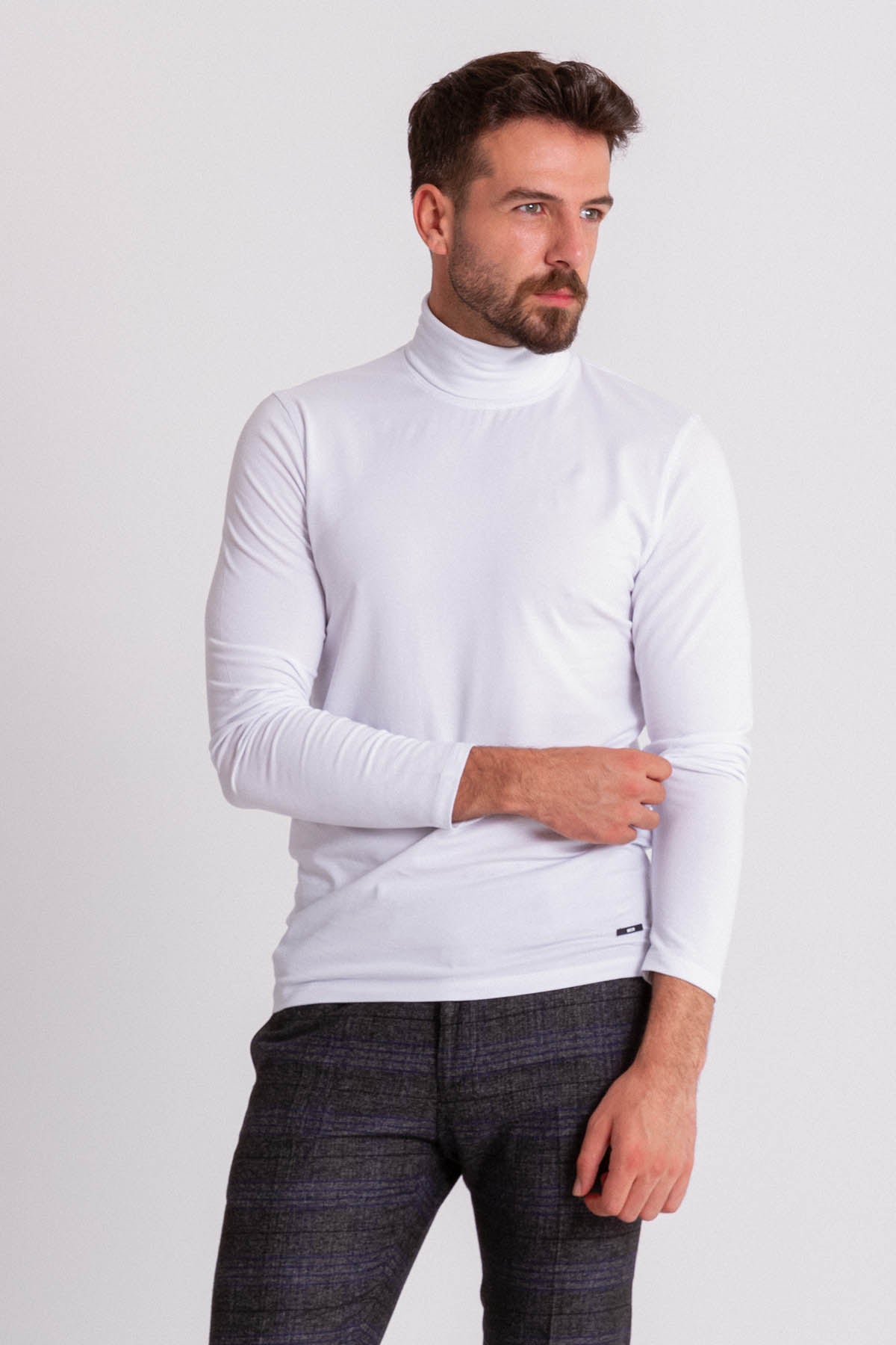 White Cotton And Elastan Fabrics Long Sleeved Turtleneck Casual Mens T Shirt