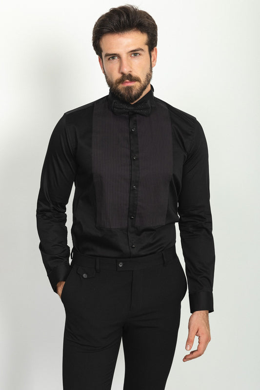 Black 100% Cotton  With Wing Collar Slim Fit  Mens Tuxedo Shirt