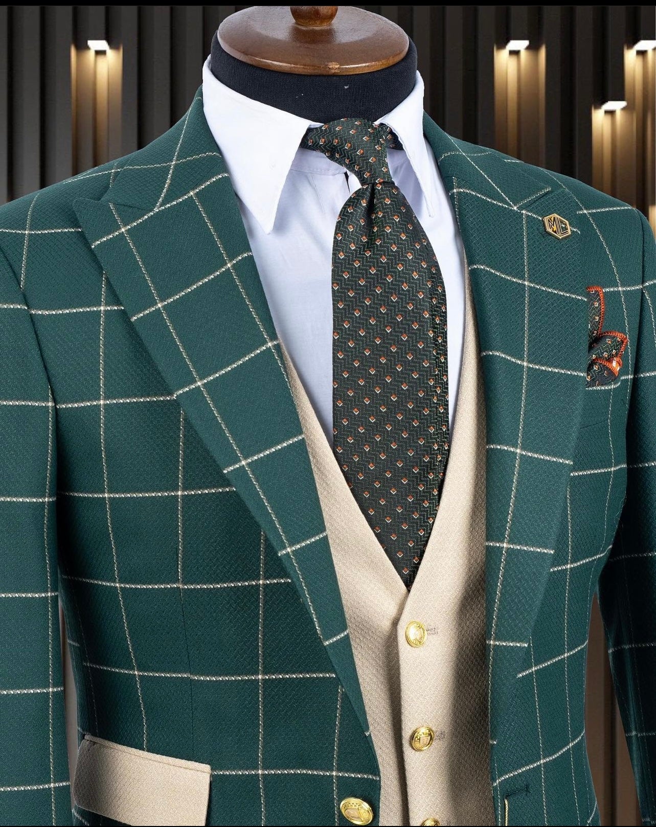 Green Plaid 3 piece Slim Fit suit