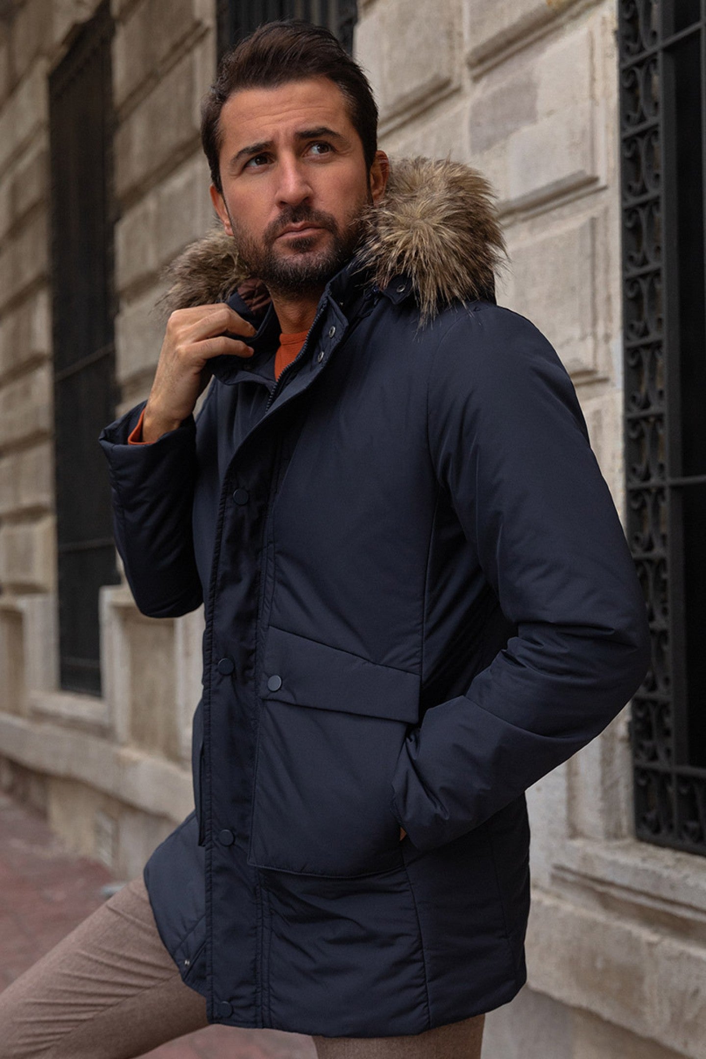 Dark Blue Front Flap Pocket With Fur Hooded Top Casual Mens Quilted Coat