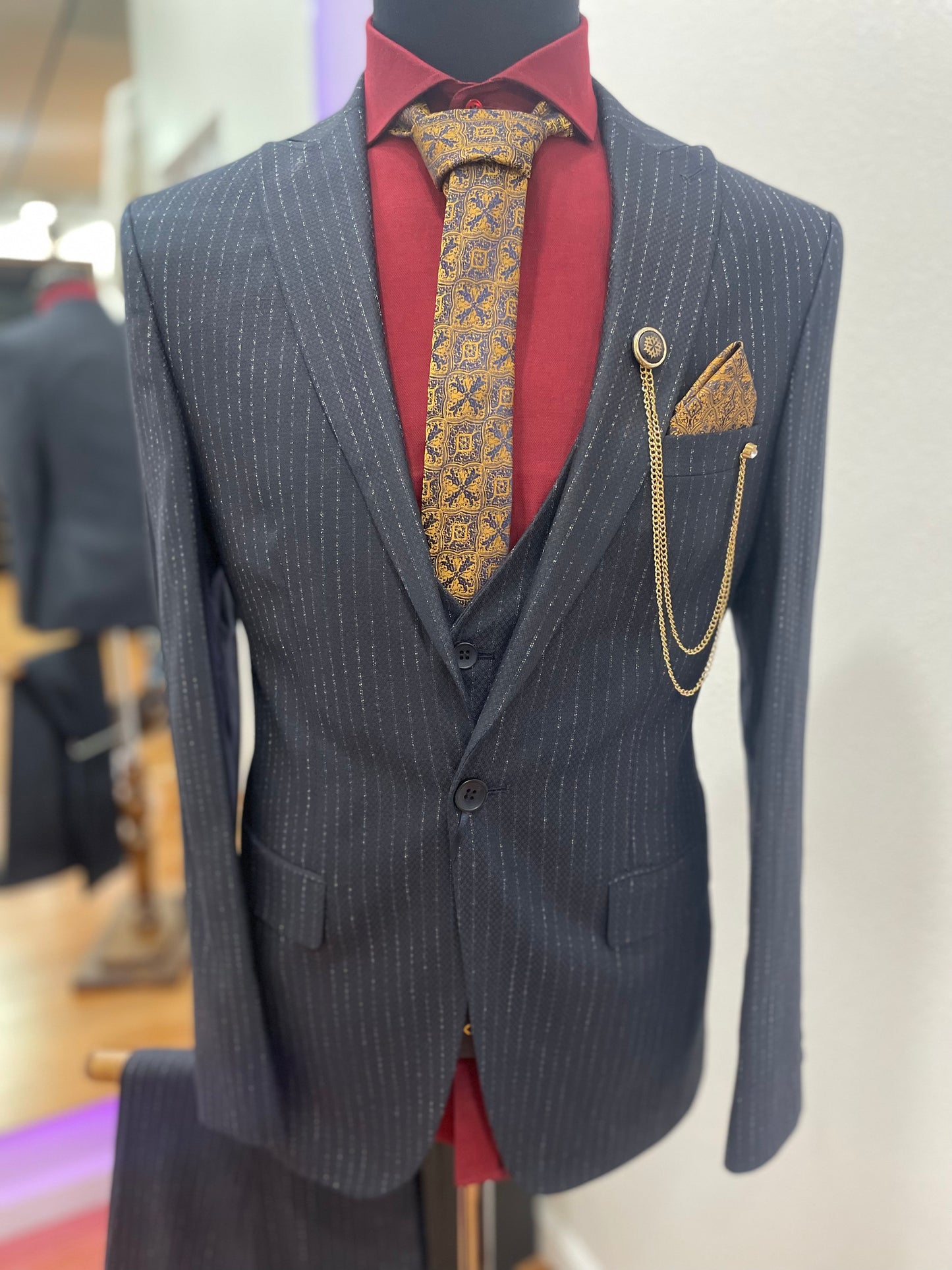 Striped Navy Blue Single-Breasted 3 piece Suit