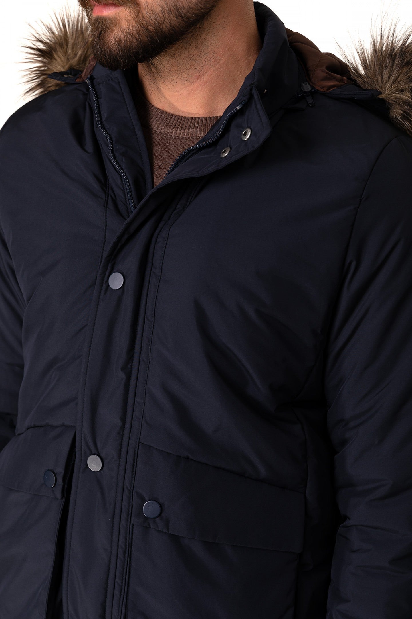 Dark Blue Front Flap Pocket With Fur Hooded Top Casual Mens Quilted Coat