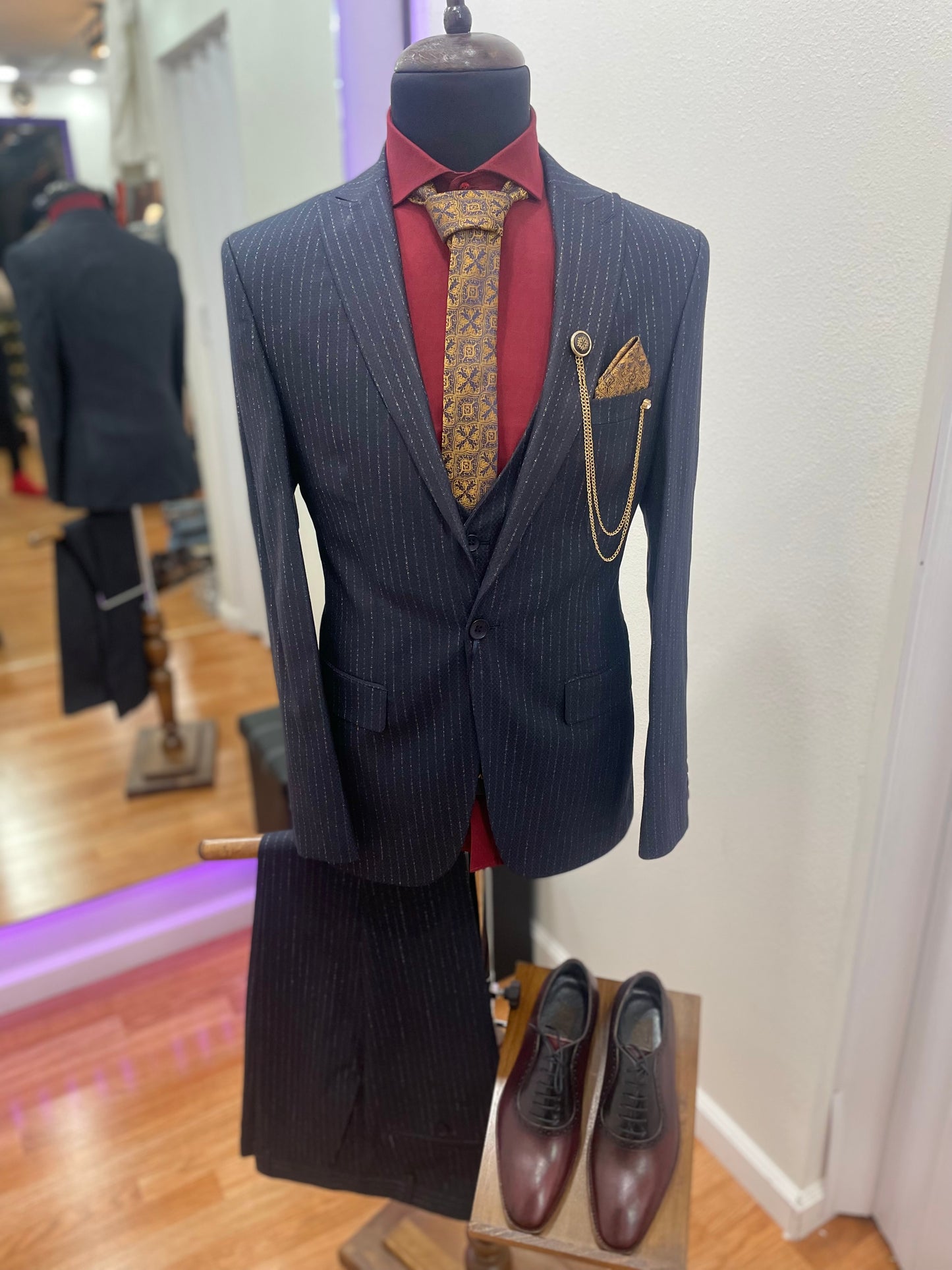 Striped Navy Blue Single-Breasted 3 piece Suit