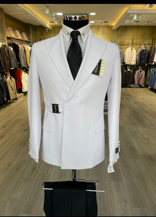 White Belted Double Breasted 2 Piece Slim Fit Suit