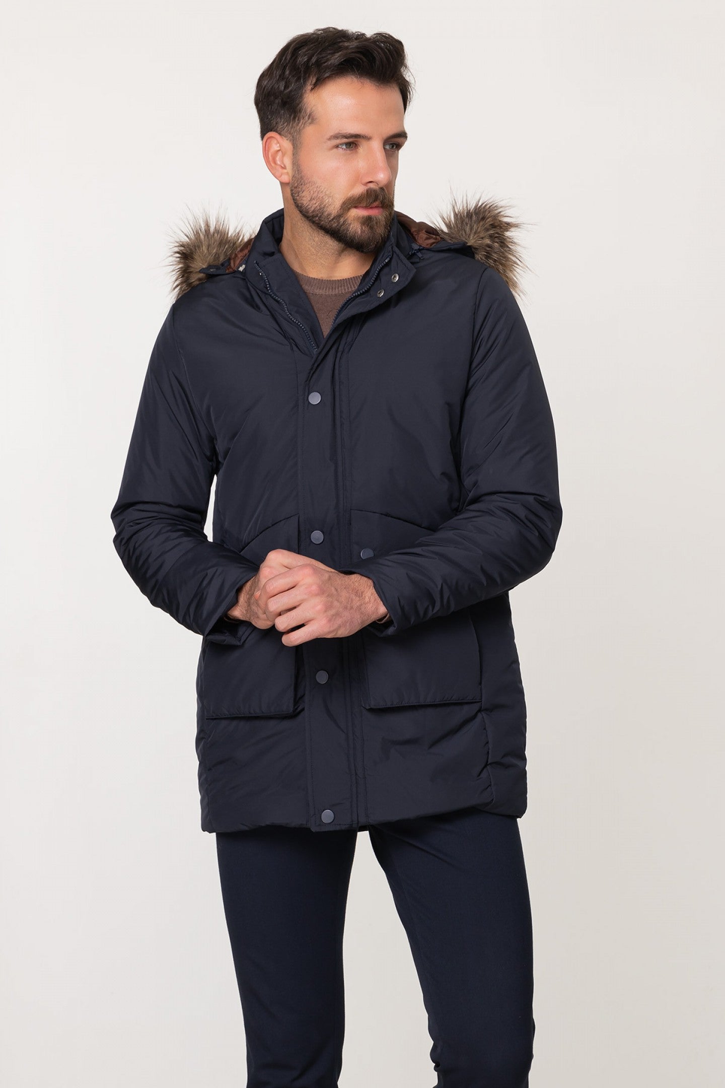 Dark Blue Front Flap Pocket With Fur Hooded Top Casual Mens Quilted Coat