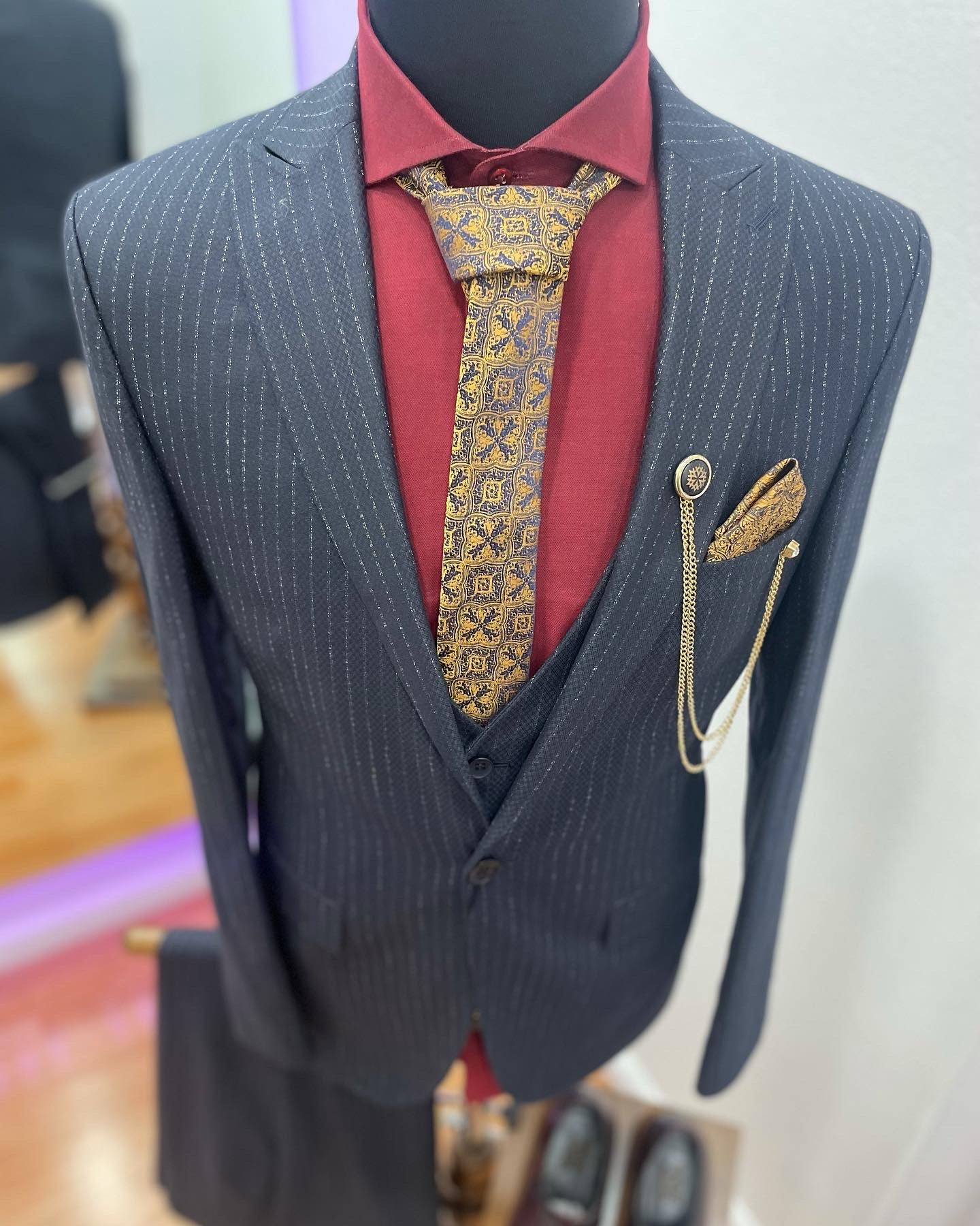 Striped Navy Blue Single-Breasted 3 piece Suit