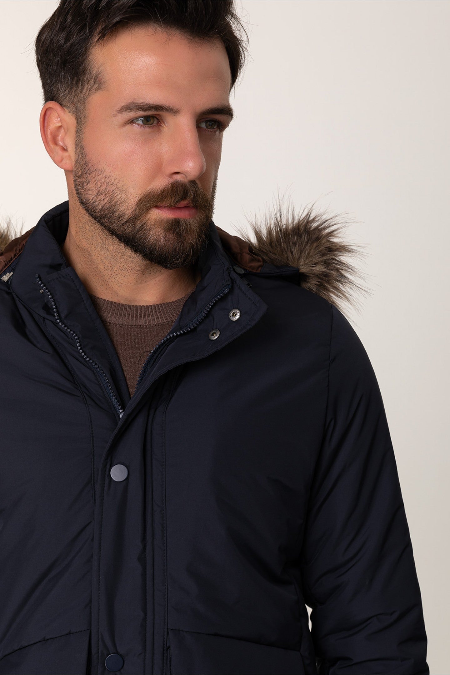 Dark Blue Front Flap Pocket With Fur Hooded Top Casual Mens Quilted Coat