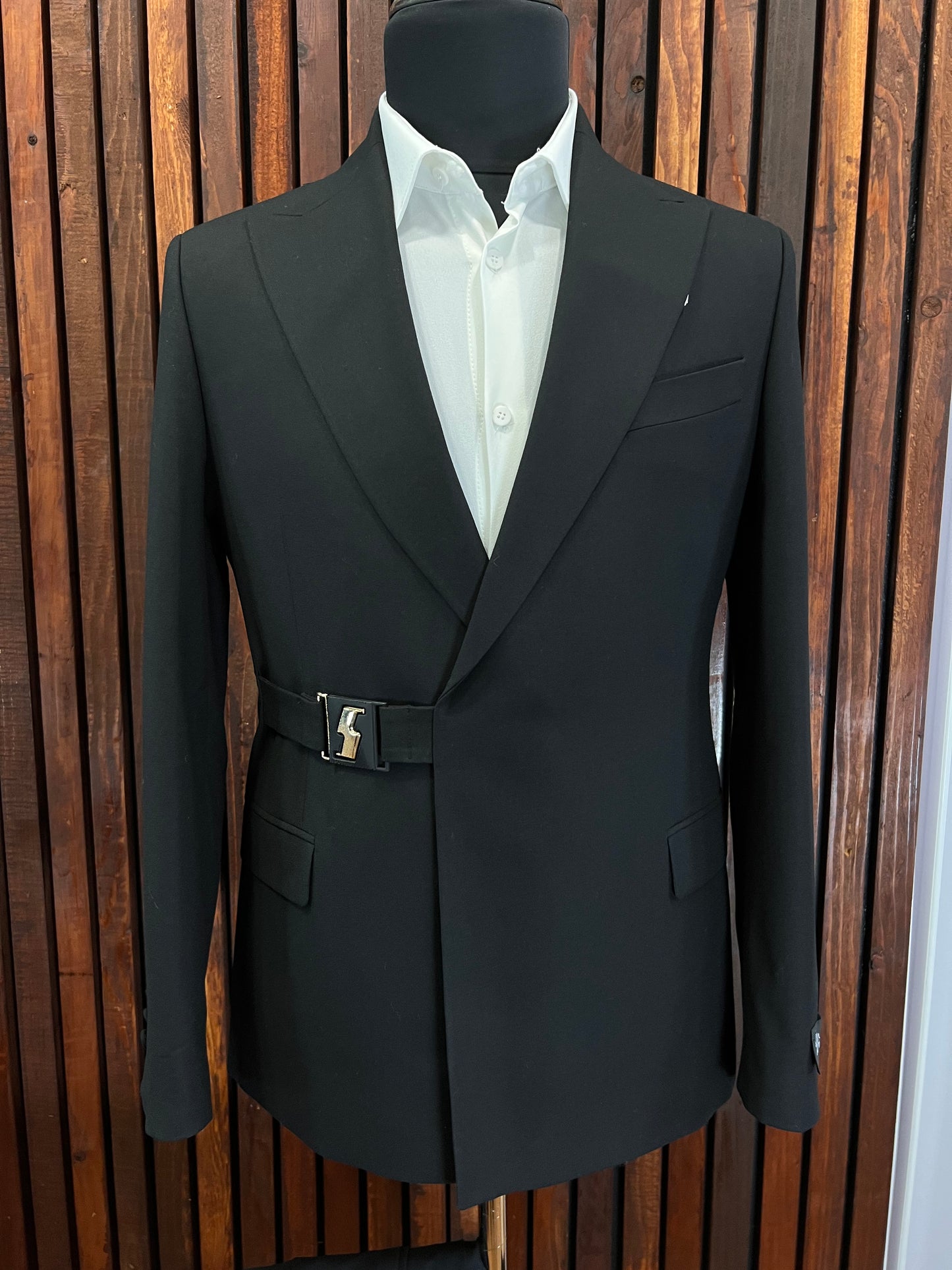 Black Belted Double Breasted 2 Piece Slim Fit Suit