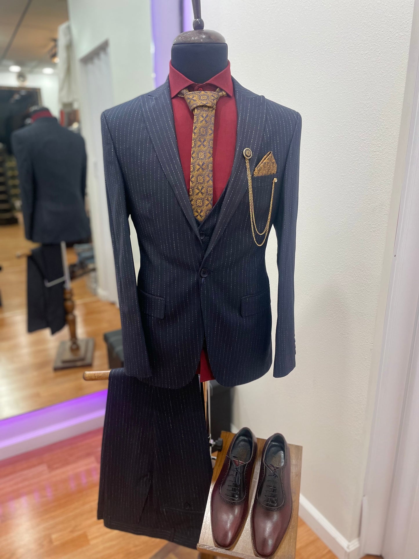 Striped Navy Blue Single-Breasted 3 piece Suit